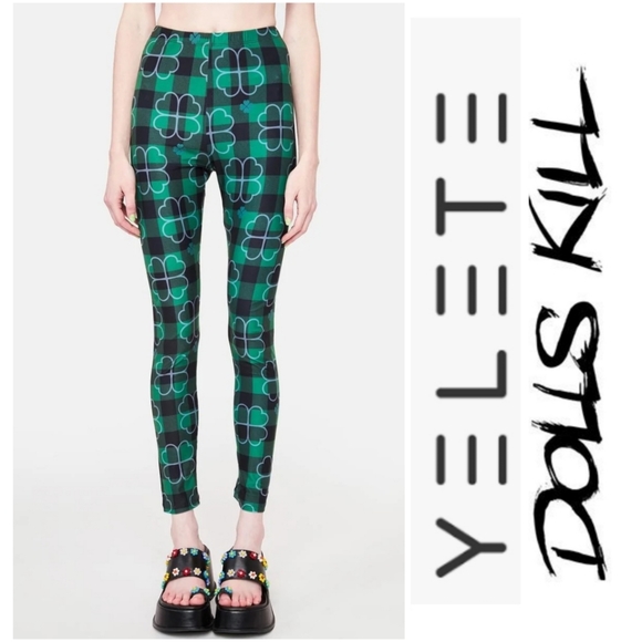 Dolls Kill Pants - Dolls Kill Looking For Ya Shamrock Plaid Print Leggings One Size Fits All YELETE